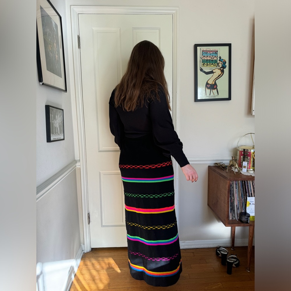 70s Vintage Banff Knit Black and Neon Striped Maxi Skirt - Picture 2 of 5